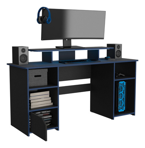 Escritorio Gamer Virtual Muebles, Wengue Y Azul Con Luz Led