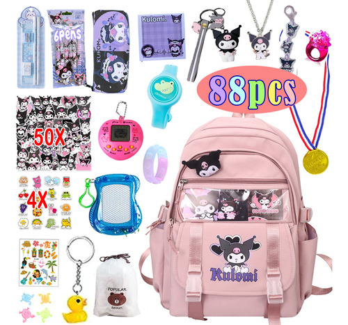 Set De 88 Piezas Con Llavero, Mochila Escolar Kuromi Kawaii,