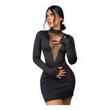 Vestido Corto Cuello Alto Manga Larga Elegante Sensual Mujer