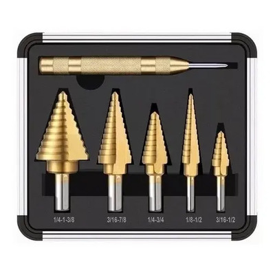 Broca Escalonada Conica HSS Acero Rapido Kit Taladro Juego 5 Brocas + Punzon Diseño de cuchillas de corte doble, 50 tamaños con carcasa de aluminio | Meses sin interés