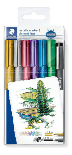 Marcador Plumón Metálico Staedtler 6 Colores Y 1 Estilógrafo