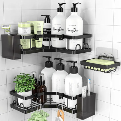 Organizador De Ducha De Esquina, Paquete De 3 Organizador De Ducha Negro Mate Con 2 Caja De Pasta De 1 Dientes jabonera Y 4 Ganchos, Organizador De Ducha De Acero Inoxidable Resistente a La Oxidación | Envío gratis