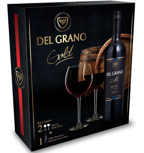 Kit 1 Vinho E 2 Tacas Tinto Suave Gold Del Grano 750 Ml