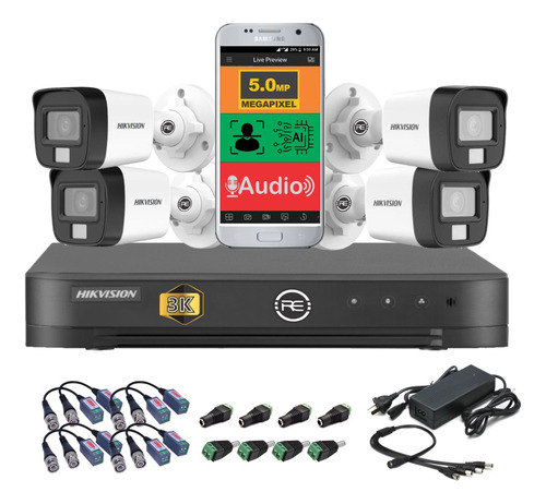 Kit Seguridad Hikvision Dvr + 4 Camaras 5mp Dual Light Audio