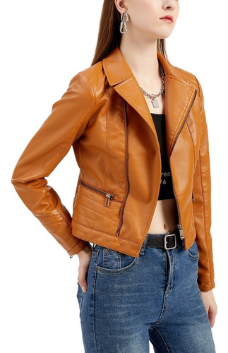 Chaqueta De Cuero Biker Slim Fit De Moda For Damas