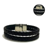 Pulseira Masculina Couro Preto Trança Social 2 Trança Imã Comprimento 19 Cm Diâmetro 3 Cm