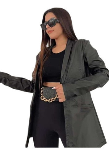 Blazer Largo Bengalina Engomada Mujer Moda