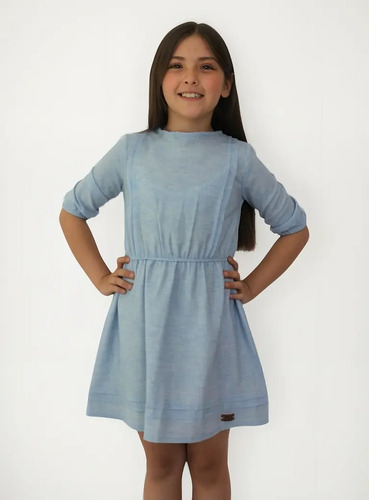 Lindo Vestido Tipo Lino Azul De Niña Sofisticado Dey Kids