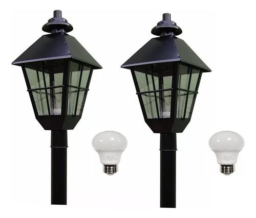 Set Jardin Completo 2 Faroles Con Postes Y Lamp Led 10w 831