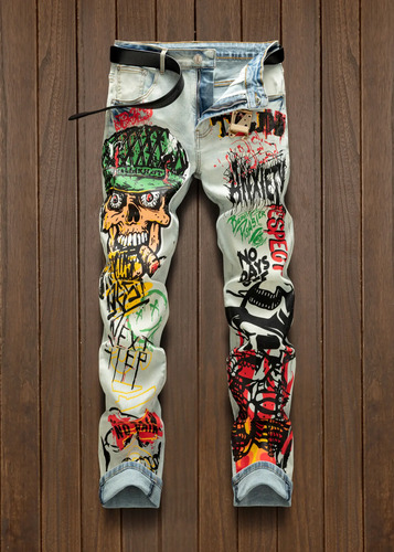 Jeans Rectos Punk Estilo Retro Estampados Para Hombre