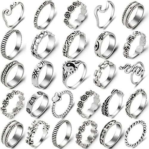 Juego De 42 Anillos Punk Góticos De Plata Para Mujeres Y Niñ