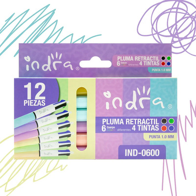 Pluma Retractil Escolar Indra Con 4 Tintas Caja Con 12 Pzs Colores Pastel Negra-azul-verde-rojo | MercadoLibre