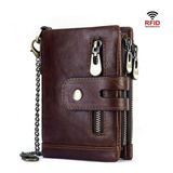 Cartera Para Hombre De Cuero Genuino Con Cadena Antirrobo W