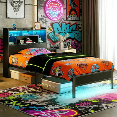 Cama Individual Metal Resistente Con Led Rgb Y Puertos Usb Negro | Meses sin interés