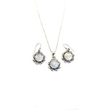 Conjunto Plata 924 Con Piedra Natural Luna Flor Martillada