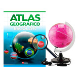 Kit Globo Terrestre Rosa 21cm C/ Led + Atlas Escolar + Lupa