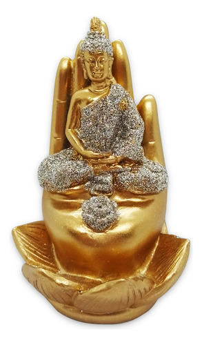 Incensário Vareta Buda Mão Dourado Brilhante Meditando 11 Cm