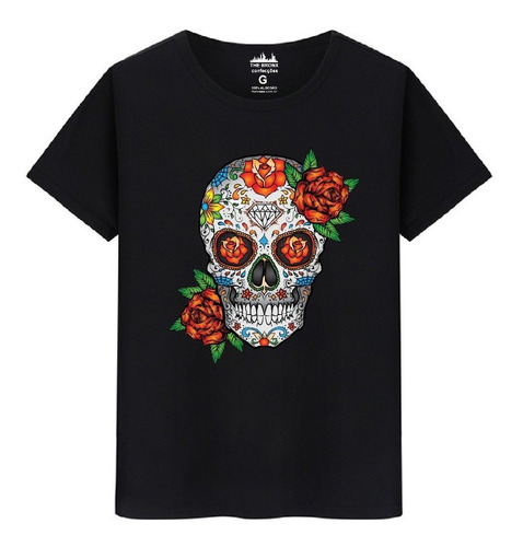 Camiseta Masculina Algodão Premium Caveira Mexicana Flor Top