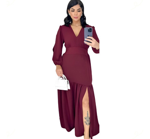 Vestido Longo Fenda Maxi Plus Size Forrado Acinturado Luxo