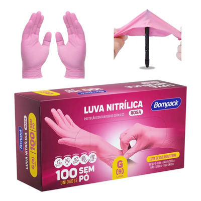 Luvas descartáveis Bompack Nitrílica cor rosa tamanho P de borracha x 100 unidades | MercadoLivre