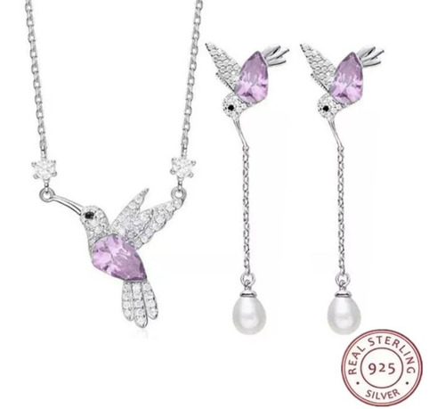 Juego Joyas Colibrí S925 Plata Cristal Swarovski Esmeralda