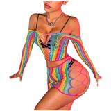 Conjunto De Red Elastizado Arcoiris Importado Sexy Minifalda