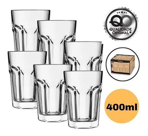 Jogo Kit 6 Copos Vidro Grosso 400ml Água Suco Drink Premium Cor Transparente