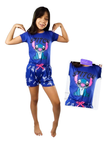 Pijama De Stitch Para Niñas 2 Piezas Manga Corta Mce