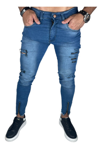 Calça Jeans Rasgada Ziper Na Barra Estilosa Masculina