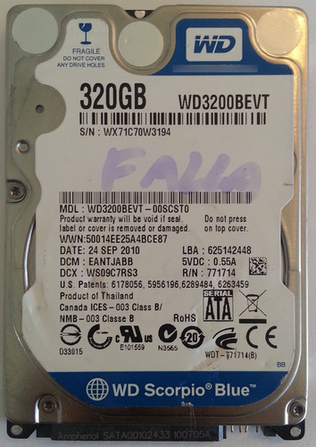 Western Digital Wd3200bevt-00scst0 320gb 1751 Recuperodatos