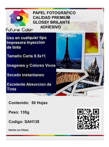 Papel Fotografico Glossy Brillante Adhesivo Carta 135g  50h 