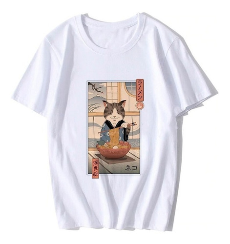 Camisa Camiseta Gatinho Gato Comendo Lamen Hashi Anime Japão