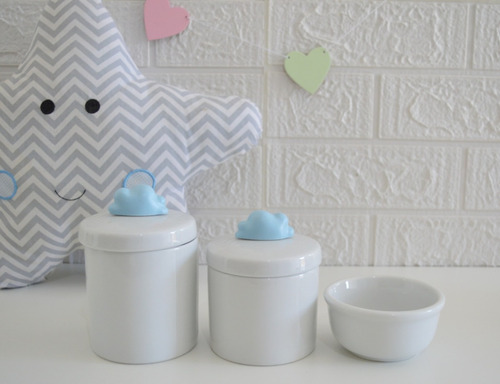 Kit Higiene Nuvem Menino Bebê Porcelanas Quarto Criança Pote