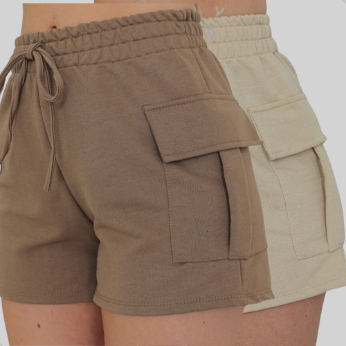 Kit Com 2 Shorts Cargo Feminino Cintura Alta Moletinho