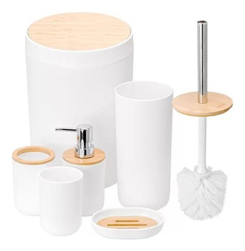 Kit De Acessórios P/ Banheiro Porta Escova Lixeira De Bamboo