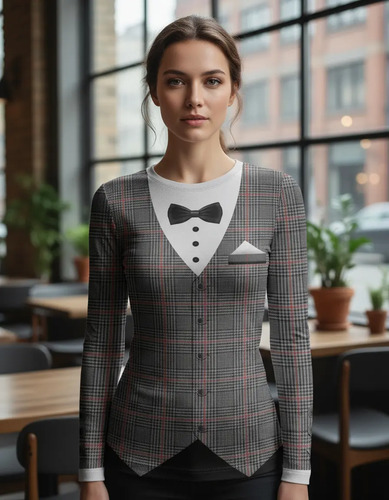 Playera Dama Manga Larga Traje Elegante Cuadros Grises