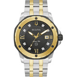 Reloj Para Hombre Bulova Marine Star 98d175 *diamantes, Color De La Correa Plateado Y Dorado, Color Del Bisel Dorado, Color De Fondo Negro