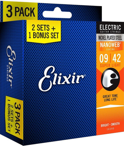 Pack 3 Encordoamentos Elixir Guitarra 09 Nanoweb Light 16540