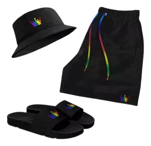 Kit Short Praia + Chapéu Bucket + Chinelo Slide Coroa Lgbt