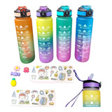 Botella Agua Motivacional 1l Con Stickers Pico Goma  