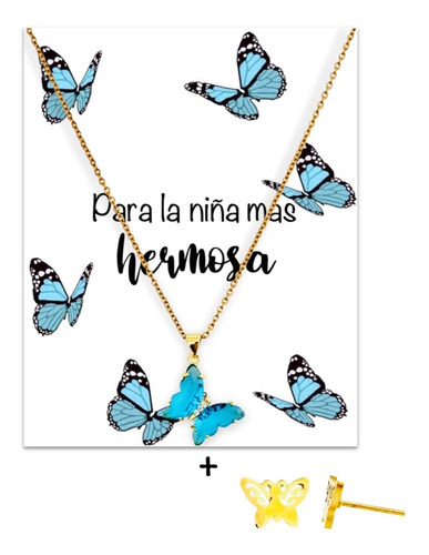 Collar Mariposa Azul Y Aretes Con Tarjeta  