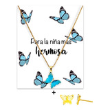 Collar Mariposa Azul Y Aretes Con Tarjeta  