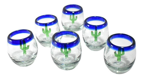 Mezcalero Posta Cobalto Con Cactus Vidrio Soplado 8 Piezas