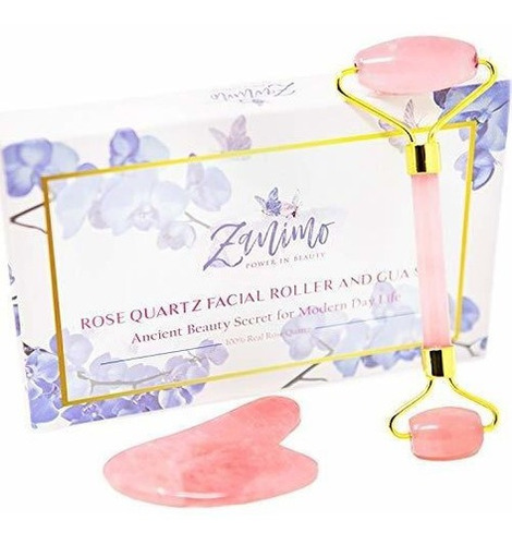 Zanimo Rodillo Facial De Cuarzo Rosa Y Gua Sha  Rodillo Anti