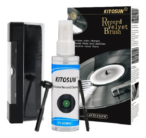 Kit Limpiador Discos De Vinilo Con 3 Cepillos Spray Estuche