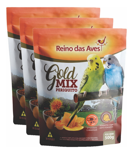 Kit 3un Racao Para Periquito Gold Mix 500g Reino Das Aves