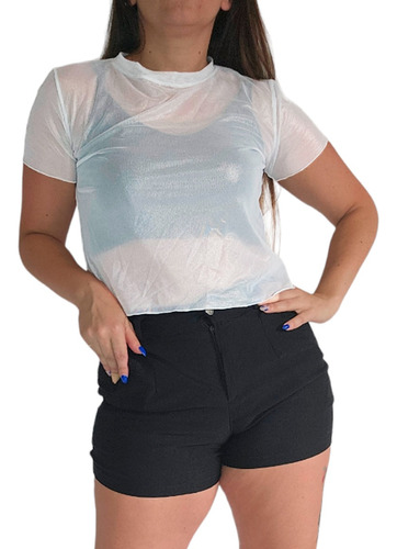 Crop Top Remera Mujer Microtul Transparente Manga Corta Sexy