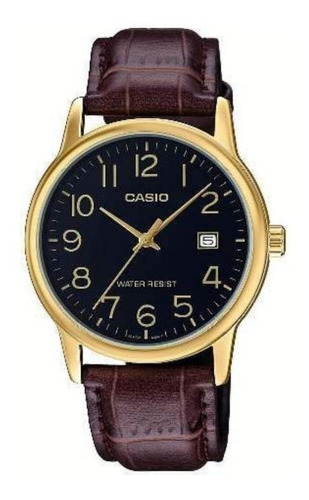 Reloj Pulsera Casio Enticer Mtp-v002 De Cuerpo Color Dorado, Analógico, Para Hombre, Fondo Negro, Con Correa De Cuero Color Marrón, Agujas Color Dorado, Dial Dorado, Minutero/segundero Dorado, Bisel C