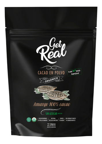 Cacao Orgánico Amargo 100% En Polvo Get Real 250 X Grs