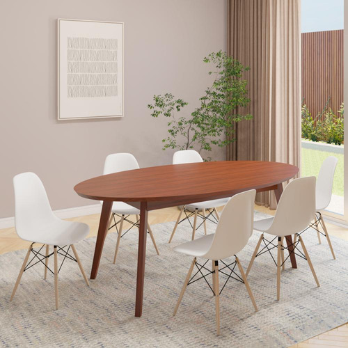 Mesa De Jantar Oval Vértice 190cm Nozes + 6 Cadeiras Eiffel